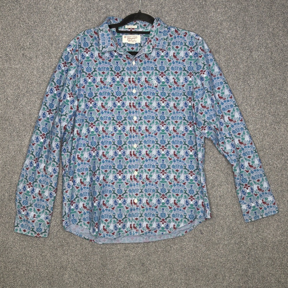 Original Penguin Mens Shirt Large Heritage Slim Fit Blue Fair Isle Deer Bird